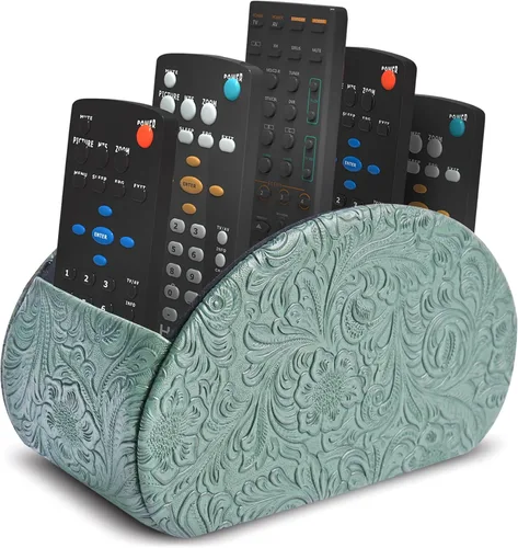 Vista 9 de QIELIZI Soporte para control remoto, organizador de escritorio de piel sintética con 5 compartimentos espaciosos para controles remotos de TV