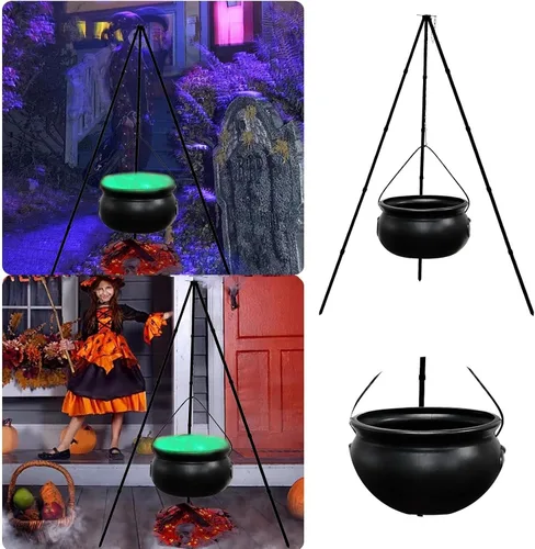 Vista 6 de Decoraciones de Halloween para exteriores, caldero de bruja con luz, soporte de trípode, decoración de cuenco de plástico negro, decoración de cubo
