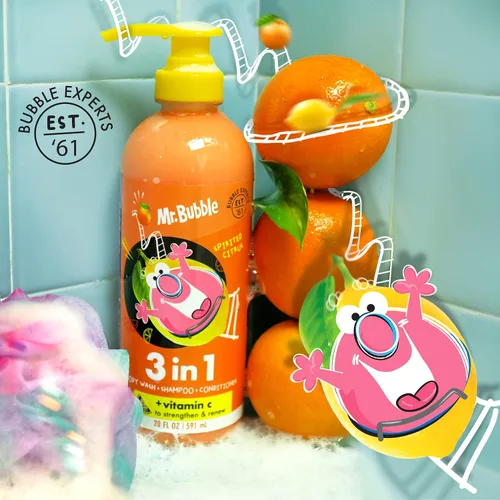 Vista 4 de Mr. Bubble Spirited Citrus 3 en 1 Gel de baño, champú y acondicionador más vitamina C fortalece y renueva el cabello y el cuerpo, paquete de 3