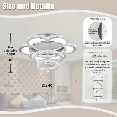 Vista 3 de W40 - Lámpara de araña de cristal moderna de montaje empotrado con control remoto para sala de estar, cocina, isla, dormitorio, pasillo, entrada