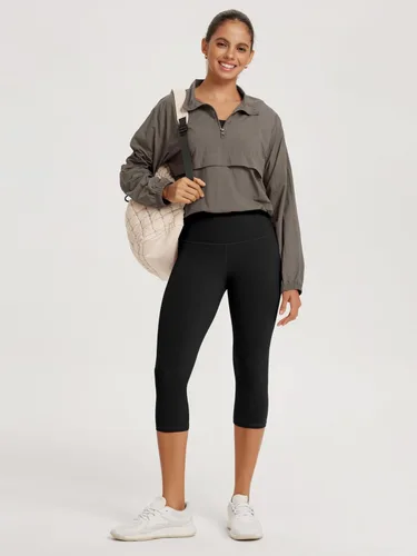 Vista 5 de ODODOS Paquete de 2 pantalones capri de entrenamiento de cintura alta hasta la rodilla para mujer, 14 a 19 pulgadas, control de abdomen, atléticos