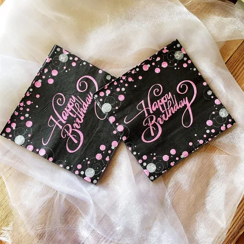 Vista 4 de Servilletas de papel desechables de feliz cumpleaños, color negro y rosa para adultos y niños, fiesta de cumpleaños, papel para bebidas, cóctel, 13