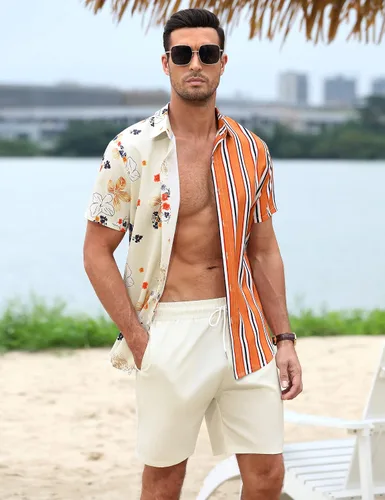 Vista 3 de TURETRENDY Conjunto de 2 piezas de lino para hombre, camisa con botones y pantalones cortos