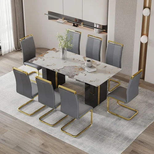 Vista 25 de Mesa de comedor moderna para mesa de comedor de mármol sintético blanco de 6, 8, 71 pulgadas, con patas negras y doradas, mesa de cocina rectangular