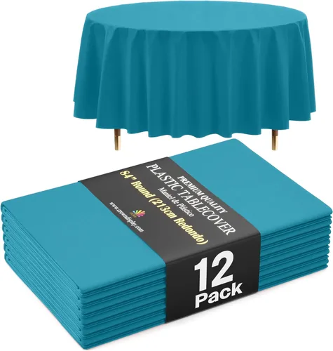 Vista 20 de Exquisite 66% Thicker Premium Aqua Round Tablecloth 0.5 Mil 6 Pack Plastic Table Cloth Disposable 84 Inch Round Plastic Tablecloth Won't Tear Easily