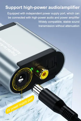 Vista 7 de Tianle Convertidor DAC de 192 KHz, convertidor digital SPDIF Toslink a audio estéreo analógico, adaptador R/L con cable óptico, conector de 0.138 in