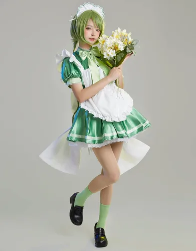 Vista 2 de Miccostumes Disfraz de anime para mujeres y niñas, conjunto de vestido de sirvienta de lechuga con accesorios