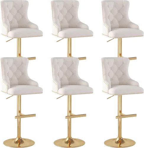 Vista 30 de Juego de 2 taburetes de bar de terciopelo, altura ajustable, base de metal dorado, beige Diseño de cabeza de clavo, función giratoria, ideal