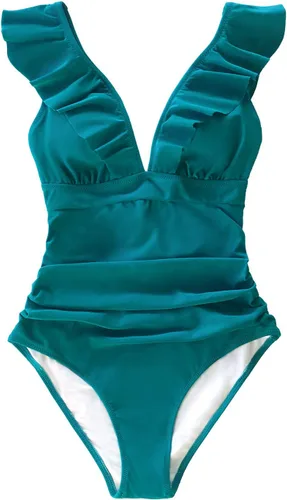 Vista 4 de CUPSHE Traje de baño de una pieza con volantes y cuello en V para mujer, con cordón