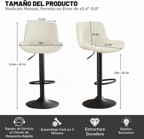 Vista 2 de Juego de 2 taburetes de bar modernos, taburetes de bar de cocina giratorios ajustables con respaldo, asientos acolchados de piel sintética, sillas