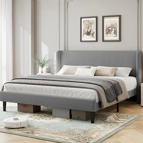 Vista 3 de Base de cama de tamaño matrimonial con cabecera tapizada, base de cama de plataforma de madera con 2 bolsillos de almacenamiento, respaldo de ala