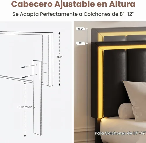 Vista 6 de IMMERSTABLE Base de cama tamaño Queen con cabecero y 4 cajones de almacenamiento, plataforma tapizada de piel sintética con luces LED, listones