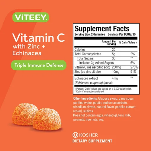 Vista 4 de Viteey Gomitas de vitamina C para adultos y adolescentes con zinc y equinácea, gomitas de apoyo inmunológico, veganas, sin gelatina, sin gluten, sin