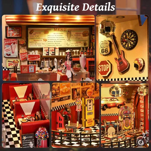 Vista 2 de fifijoy Kit de Rincón de Libros - Kit de Casa en Miniatura DIY para Adultos, Kit de Construcción de Casa Pequeña Cafetería Retro de los años 50