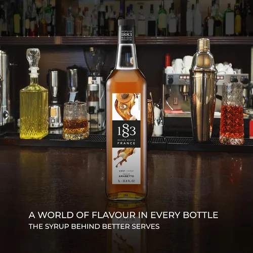 Vista 5 de 1883 Jarabe de Amaretto para bebidas, fabricado en Francia, botella de plástico de 1 litro