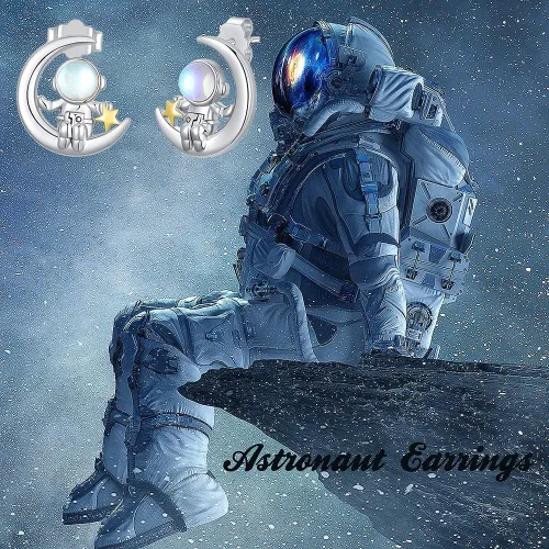Vista 6 de SLIACETE Aretes de astronauta de plata de ley 925, aretes de astronauta y luna, bonitos aretes de estrella espacial, regalo de cumpleaños