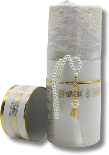 Vista 3 de Juego de alfombra de oración musulmana y rosario con caja de regalo de Kaaba, juego de regalos islámicos, Janamaz, Sajadah, blanco CRK02