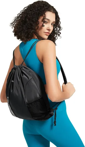Vista 6 de WANDF Mochila con cordón y almohadilla para el hombro, mochila deportiva para gimnasio con bolsillo de malla para mujeres y hombres, Negro -, Classic