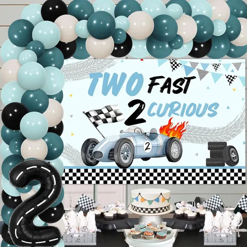 Vista 2 de Two Fast Two Curious - Decoraciones de cumpleaños para niño, decoración de segundo cumpleaños de coche de carreras, arco de globos azules y negros