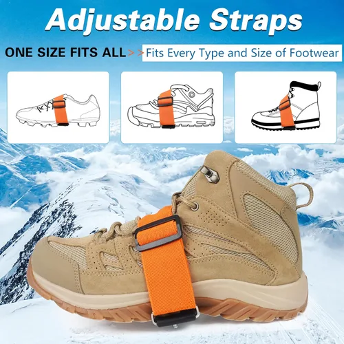 Vista 4 de Tacos de hielo de suela media para zapatos y botas, crampón antideslizante con 7 tacos de tungsteno, correas ajustables para un agarre seguro