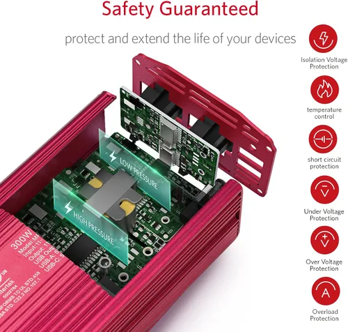 Vista 6 de BESTEK Inversor de corriente de coche de 300 W, con USB-C PD 20W, adaptador de toma de corriente de enchufe de coche de CC 12 V a CA 110 V