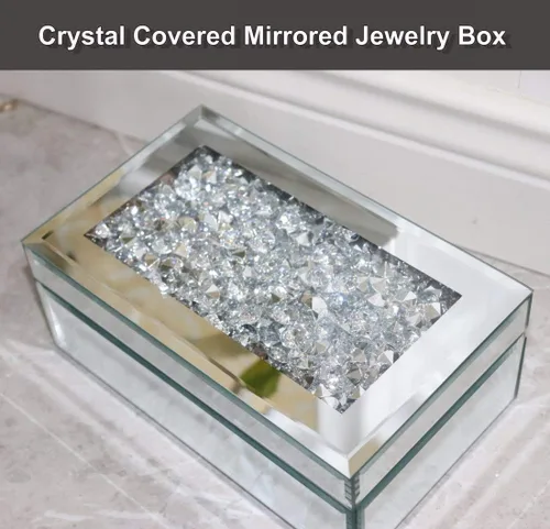 Vista 3 de QMDECOR Caja de joyería de lujo con espejo de cristal de diamante triturado de plata para mujeres