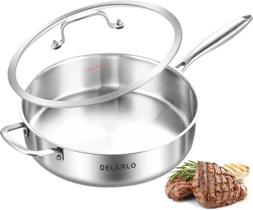 Vista 7 de DELARLO Sartén de Acero Inoxidable de Tres Capas de 3QT con Tapa, Sartén Profunda de 12 Pulgadas, Sartén Grande de Inducción, Sartén de Cocina, Apto