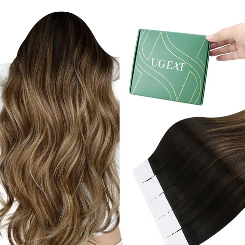 Vista 13 de Ugeat Extensiones de cabello humano con cinta invisible, extensiones de cabello negro con cinta, extensiones de cabello humano negro azabache