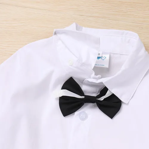 Vista 44 de IDOPIP Trajes de otoño e invierno para niños pequeños, camisa de manga larga con corbatín + chaleco + pantalones largos, overoles