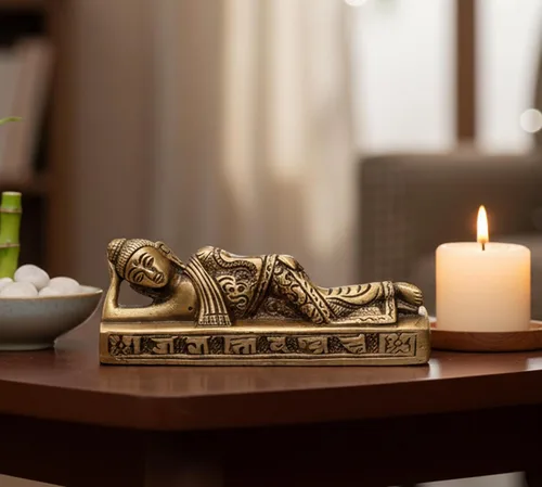 Vista 4 de eSplanade Estatua de Buda reclinable para decoración del hogar Escaparate de Buda dormido de latón para sala de estar, meditación, escritorio