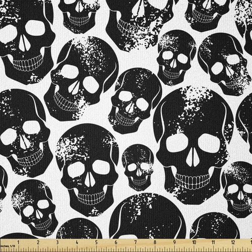 Vista 30 de Ambesonne The Yard, tela de calavera colorida con temática de Halloween, diseño de calavera y huesos cruzados, divertido estampado de dibujos
