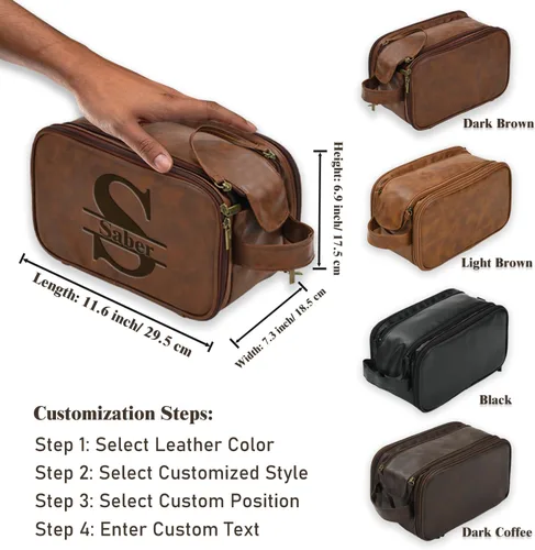 Vista 2 de Bolsa de aseo personalizada para hombre, kit dopp de gran capacidad con iniciales de nombre personalizado de cuero PU, regalo para padrinos, bolsa