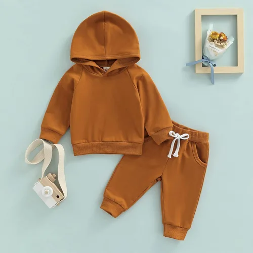 Vista 8 de Conjunto de pantalones para bebés y niños, sudadera con capucha, con bolsillo, cintura elástica, 2 piezas, traje de otoño e invierno