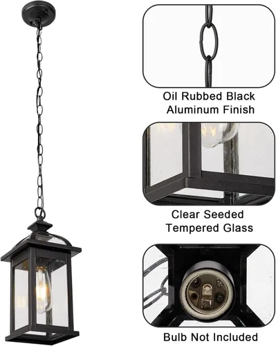 Vista 5 de Darkaway Farol colgante para exteriores, luz colgante de porche con vidrio de aluminio para exteriores, para porche, patio, entrada