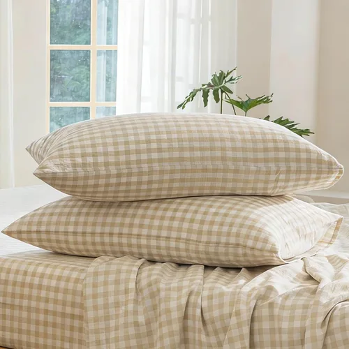 Vista 23 de MooMee Juego de 2 fundas de almohada de cuadros 100% algodón lavado con textura parecida al lino, transpirable, duradera, suave y cómoda
