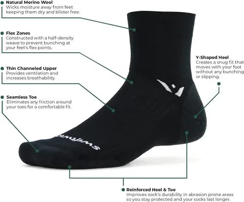 Vista 3 de Swiftwick - Calcetines PURSUIT FOUR para correr y ciclismo, lana merina, equipo duradero Negro