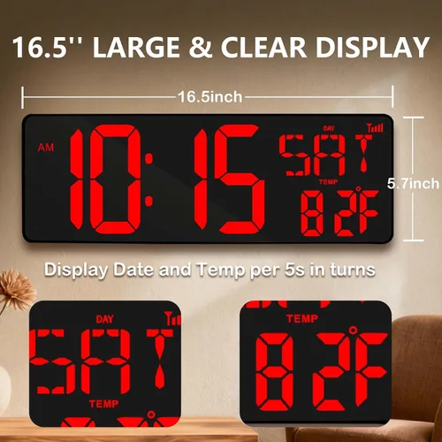 Vista 2 de Reloj de pared digital con pantalla grande: reloj digital LED de 16.5 pulgadas con control remoto, fecha, semana, DST automático, brillo ajustable
