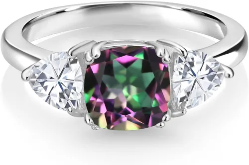 Vista 11 de 925 Sterling Silver Gemstone Birthstone and White Moissanite 3-Stone Engagement Ring for Women 7MM Cushion and 5MM Trillion Accents Three Stone