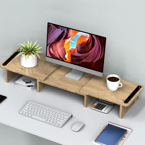 Vista 3 de Zimilar Soporte elevador de monitor doble, soporte para monitor con longitud y ángulo ajustables, soporte de monitor de madera para escritorio