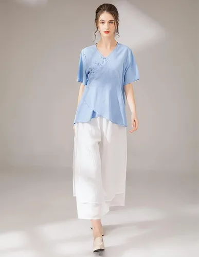 Vista 3 de Minibee Pantalones de pierna ancha para mujer capris de capa suelta pantalones de cintura elástica palazzo