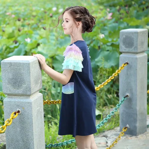 Vista 4 de Sunny Fashion Girls Dress Blue T-Shirt Pocket Embroidery Butterfly Tulle Flutter Sleeve