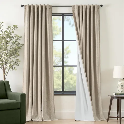 Vista 18 de Cortinas opacas completas de 63 pulgadas de largo para dormitorio, cortinas texturizadas de lino beige con forro con aislamiento térmico, cortinas