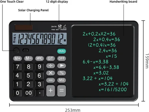 Vista 2 de Calculadora de escritorio con pizarra borrable, pantalla ancha de 12 dígitos, bloc de notas LCD reutilizable de más de 100,000, función de borrado