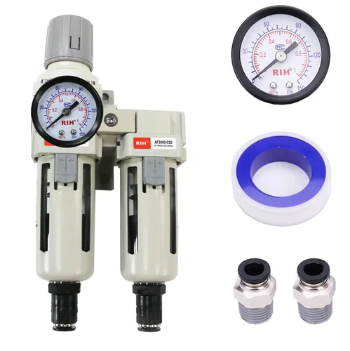 Vista 8 de RIH Sistema de secado de aire - Filtros de aire dobles NPT de 1/2 pulgada, filtro de partículas de 5 micras y regulador de presión de aire, calibre