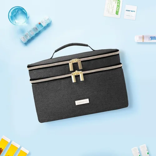 Vista 8 de Lexeeco Bolsa para almacenamiento de medicinas Organizador de frascos de píldoras con bolsa pequeña portátil para viajes Organizador de frascos