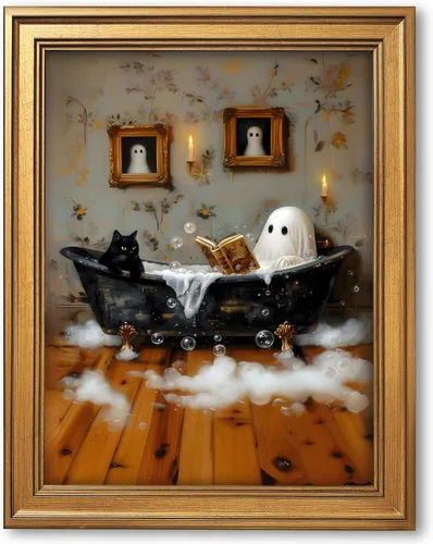 Vista 33 de Arte de pared vintage de Halloween embrujado de granja, parche de calabaza rústica con bonitos fantasmas, póster impreso en lienzo espeluznante