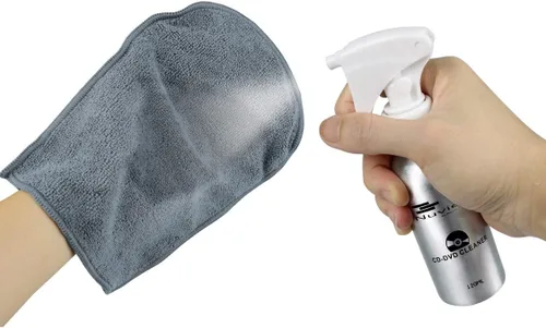 Vista 4 de Solución limpiador de CD DVD líquido en aerosol, kit de limpieza de disco compacto premium con guante de microfibra antiestático de 4 onzas