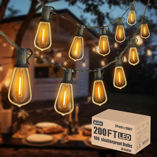 Vista 14 de Achin 50FT Solar String Lights Outdoor with 32 LED Bulbs 1.5FT Bulbs Spacing,Patio String Lights Whith Remote, IP65 Waterproof, 3600mAm Battery