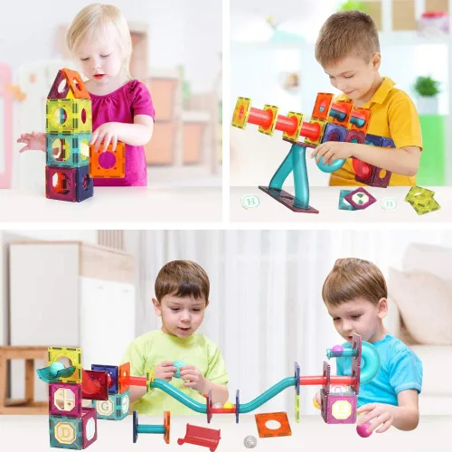 Vista 5 de Azulejos magnéticos, bloques magnéticos de tubo de 125 piezas para niños pequeños, juguetes de imanes transparentes 3D, juguete STEM para niños