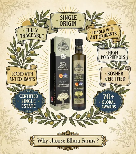 Vista 3 de Ellora Farms, Aceite de Oliva Virgen Extra Griego, Single Estate DOP Messara, Grecia, sin OMG, prensado en frío, Polifenol, Botella de vidrio, 17 FL